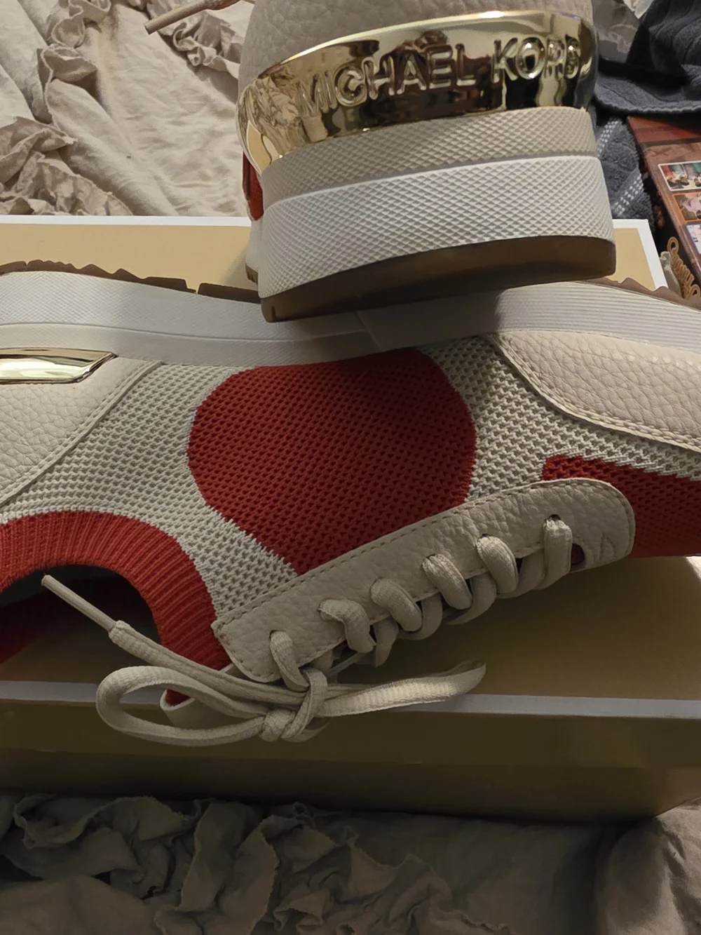 Michael Kors Red & Cream Knit Logo Sneakers - Picture 3 of 4
